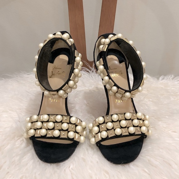 💥 LOUBOUTIN Tudor Bal 100 Stud Pearl Embellished Heel Sz 36.5 - Picture 6 of 11